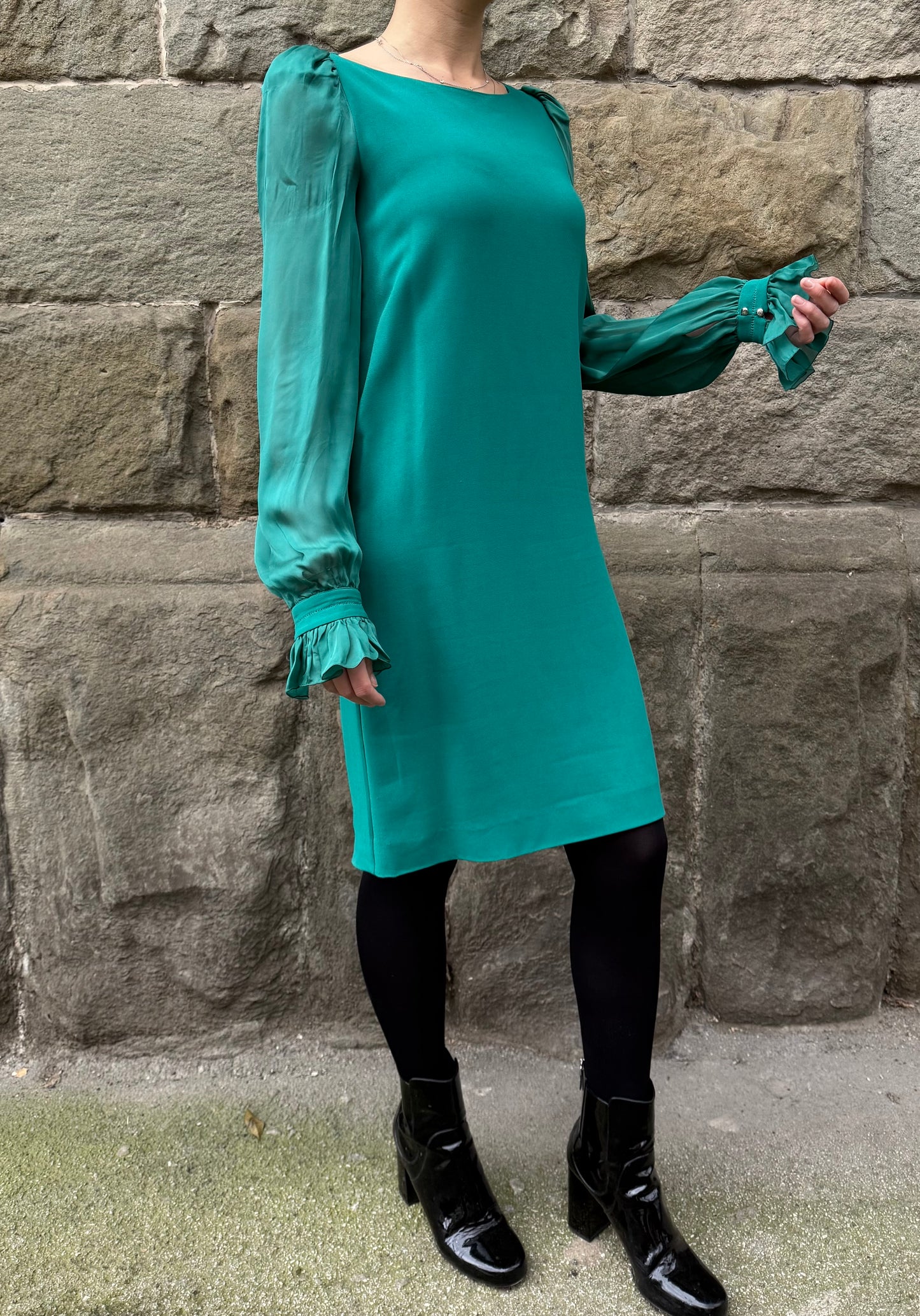 Roberto Cavalli Abito Trapezio Verde Smeraldo con Maniche in Chiffon - Pally Vintage Closet