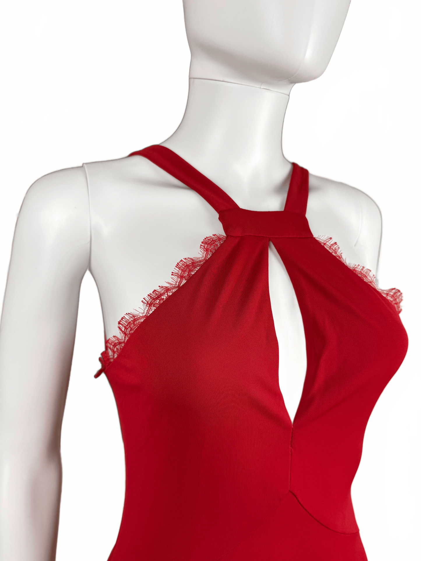 Roberto Cavalli Abito da Sera con Dettagli in Pizzo Rosso Rubino - Pally Vintage Closet