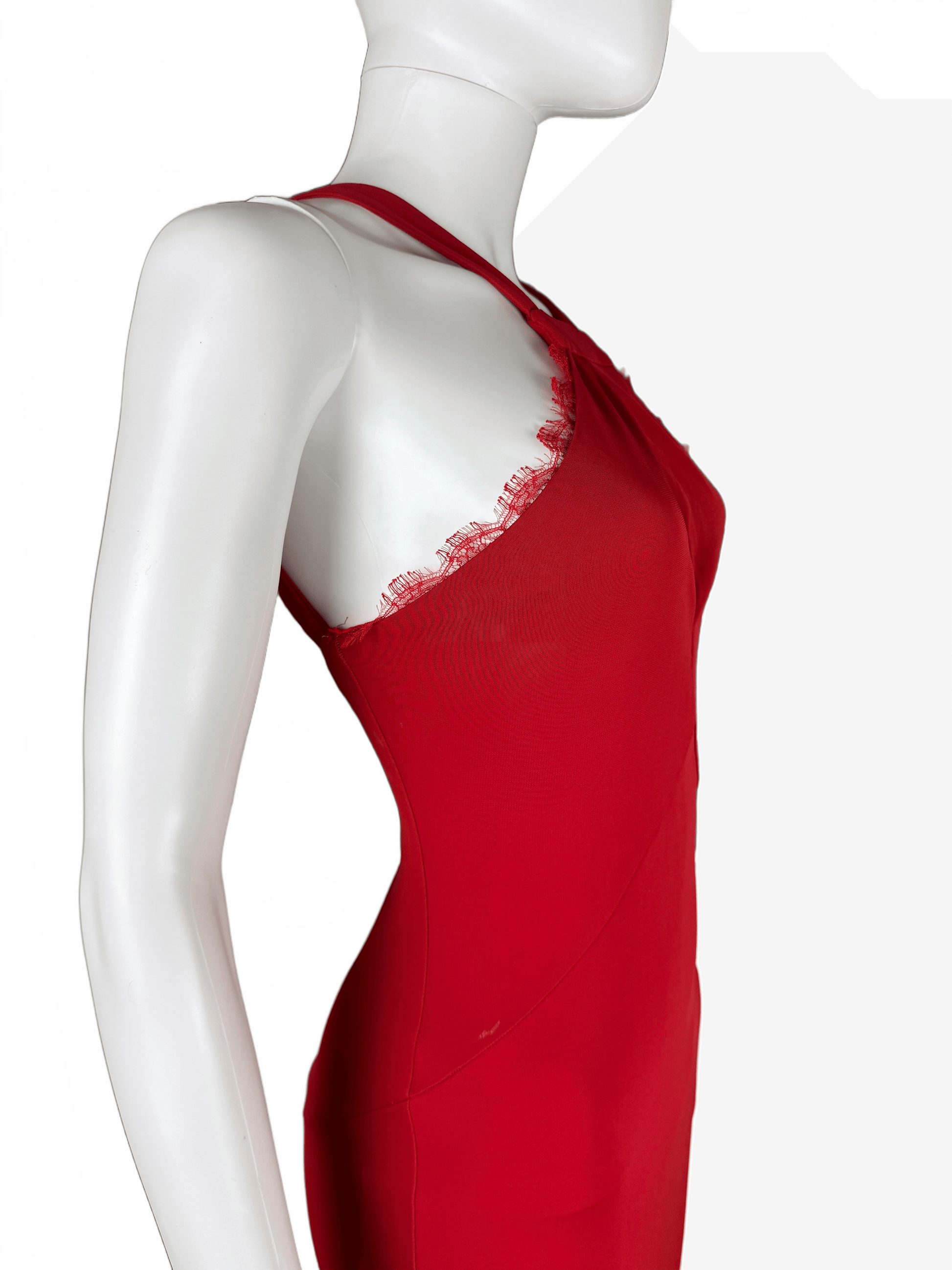 Roberto Cavalli Abito da Sera con Dettagli in Pizzo Rosso Rubino - Pally Vintage Closet