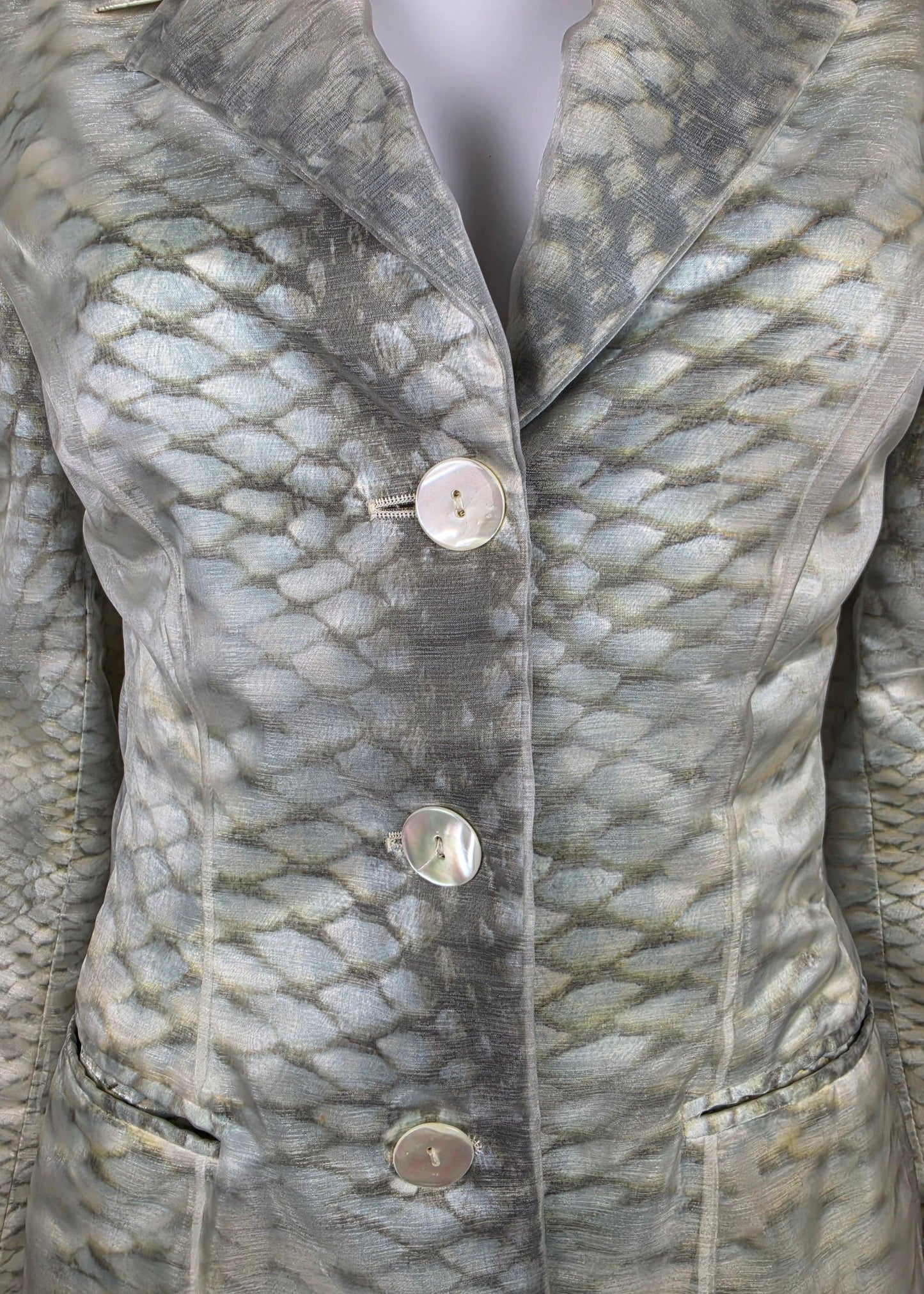 Roberto Cavalli Blazer Vintage in Lino e Seta Stampa Python Grigio e Avorio - Pally Vintage Closet
