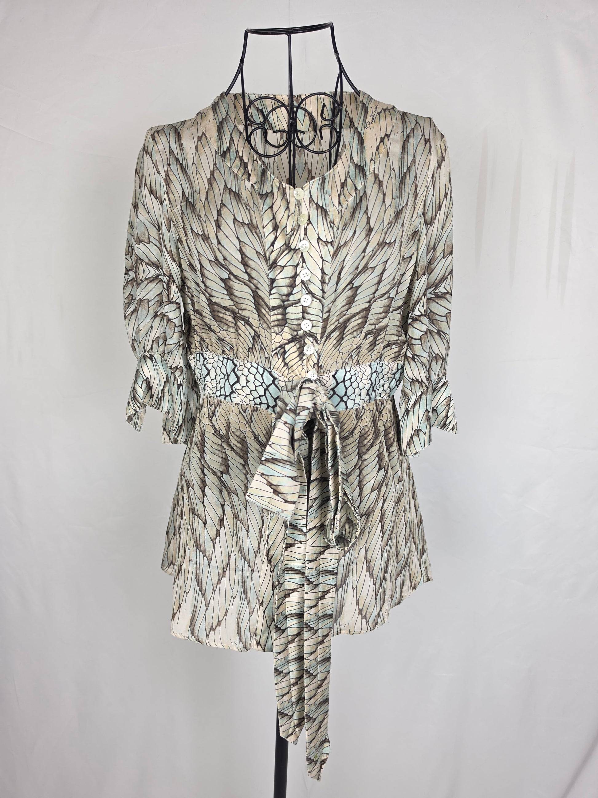 Roberto Cavalli Blusa Vintage in Seta Stampa Ali di Farfalla e Pitone Verde - Pally Vintage Closet