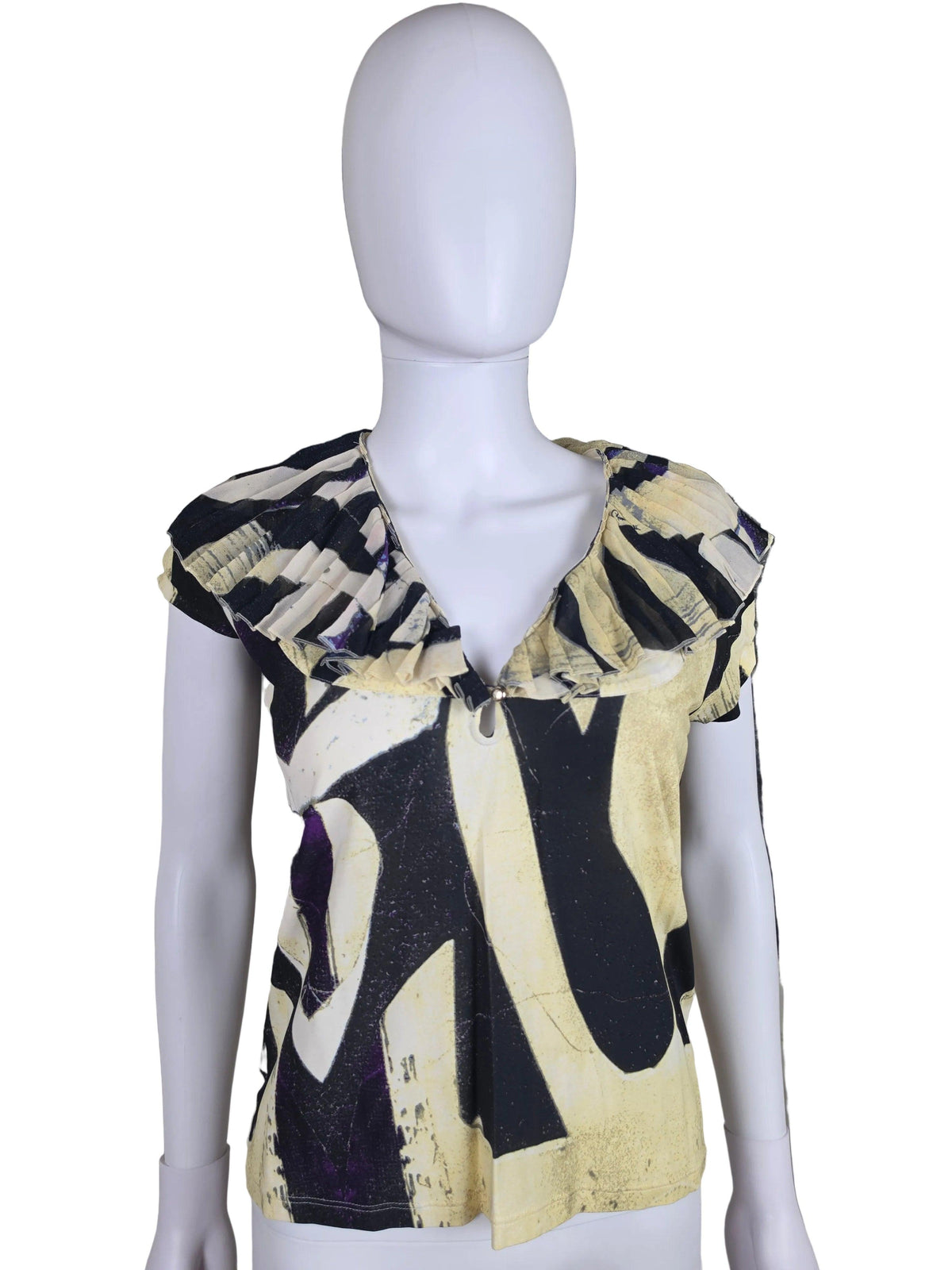 Roberto Cavalli Camicetta Vintage a Stampa Grafica e Scollo Plissé - Pally Vintage Closet