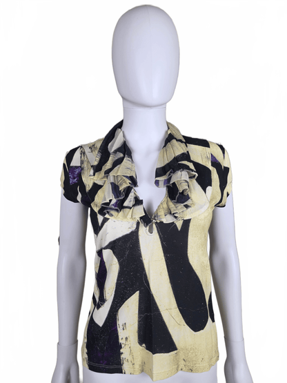 Roberto Cavalli Camicetta Vintage a Stampa Grafica e Scollo Plissé - Pally Vintage Closet