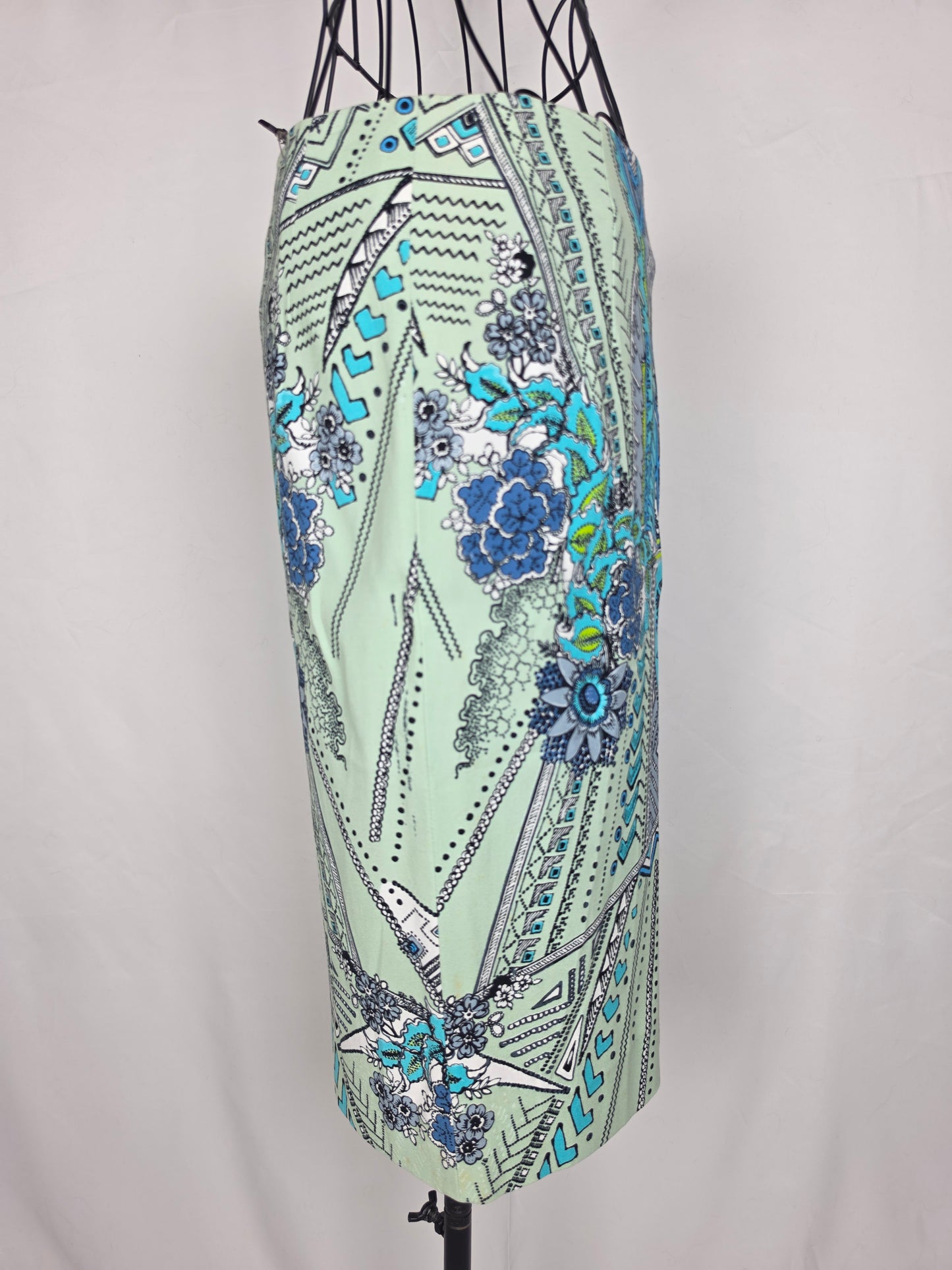 Roberto Cavalli Gonna a Tubino Motivo Geometrico e Floreale Celeste - Pally Vintage Closet