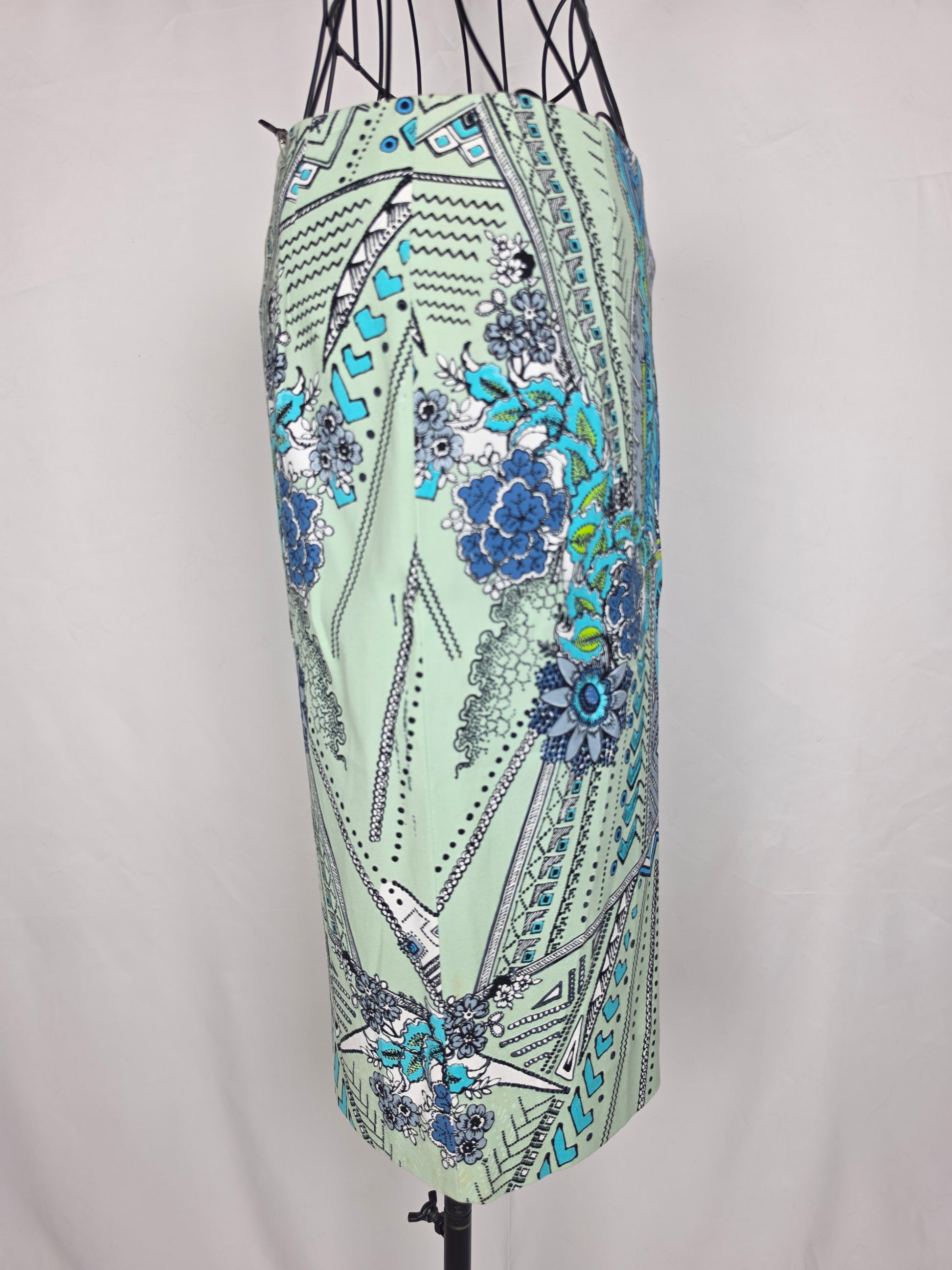 Roberto Cavalli Gonna a Tubino Motivo Geometrico e Floreale Celeste - Pally Vintage Closet