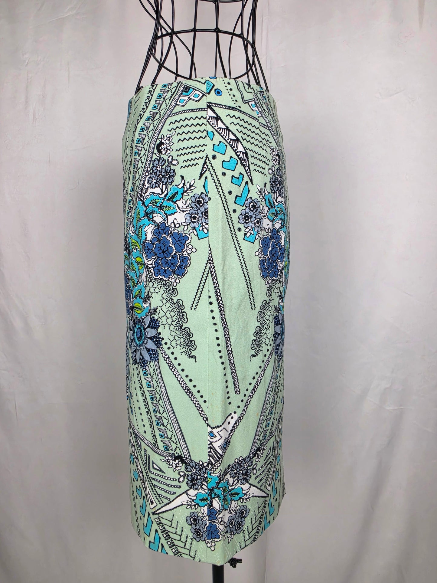 Roberto Cavalli Gonna a Tubino Motivo Geometrico e Floreale Celeste - Pally Vintage Closet