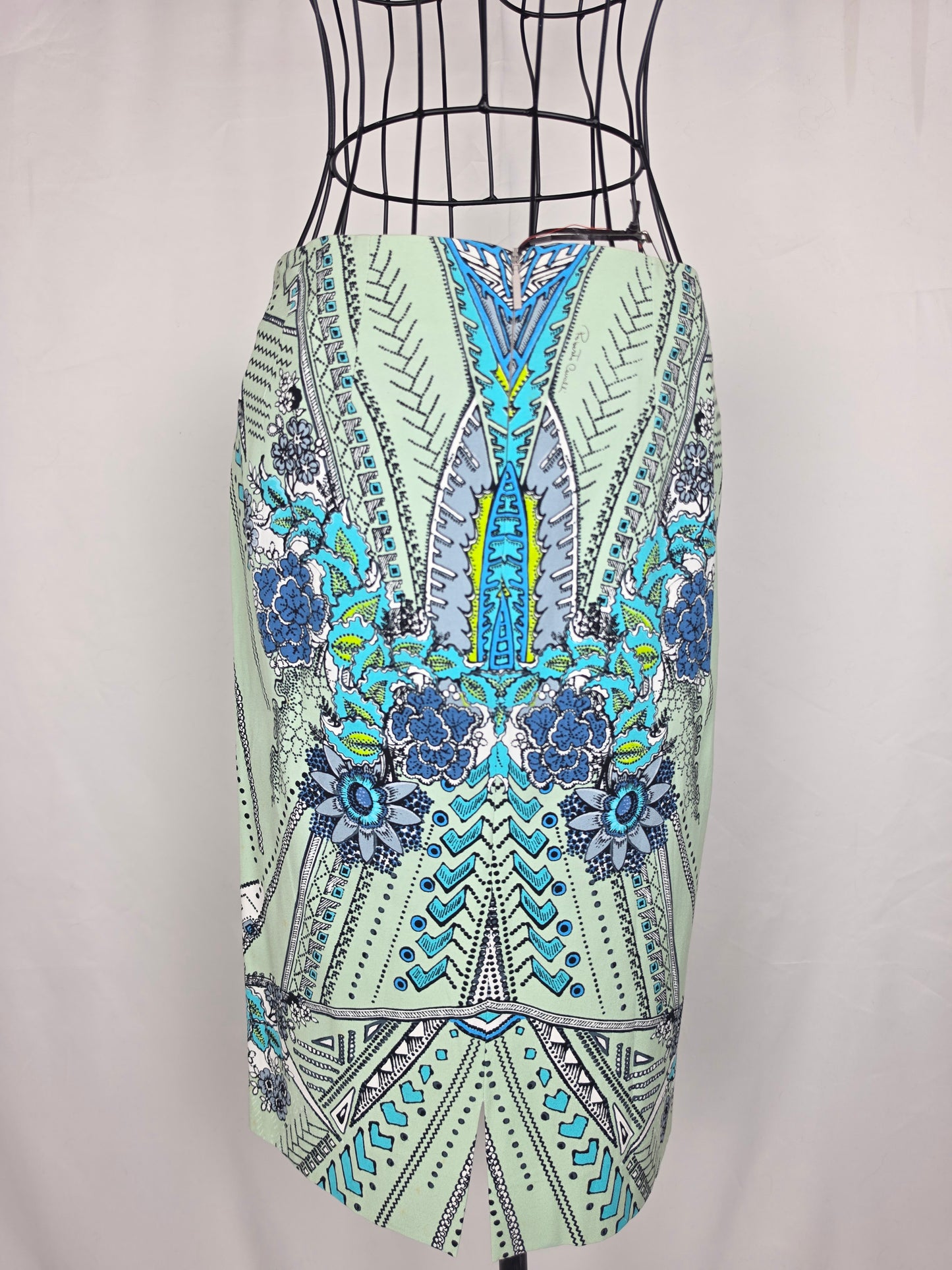 Roberto Cavalli Gonna a Tubino Motivo Geometrico e Floreale Celeste - Pally Vintage Closet