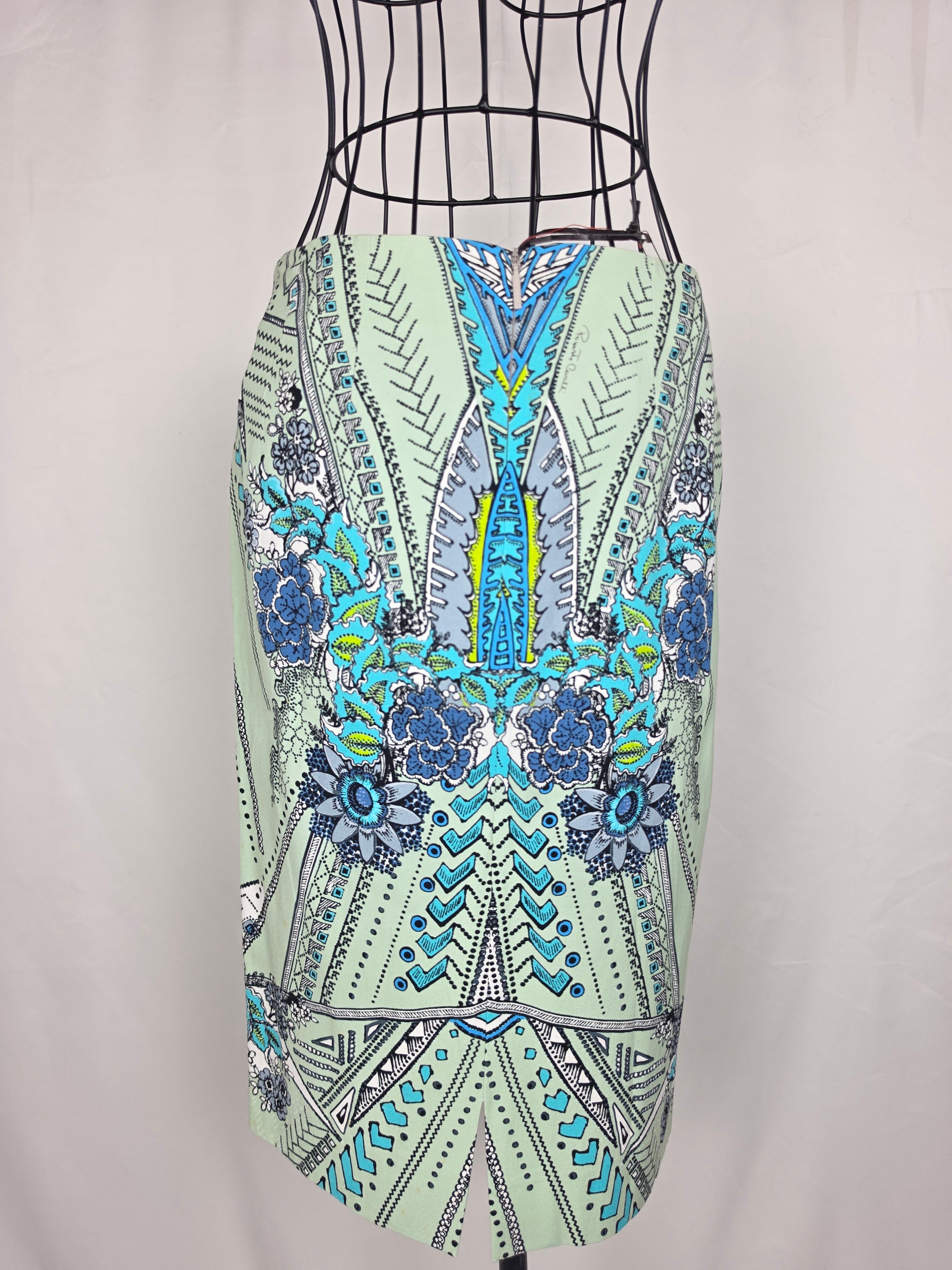 Roberto Cavalli Gonna a Tubino Motivo Geometrico e Floreale Celeste - Pally Vintage Closet