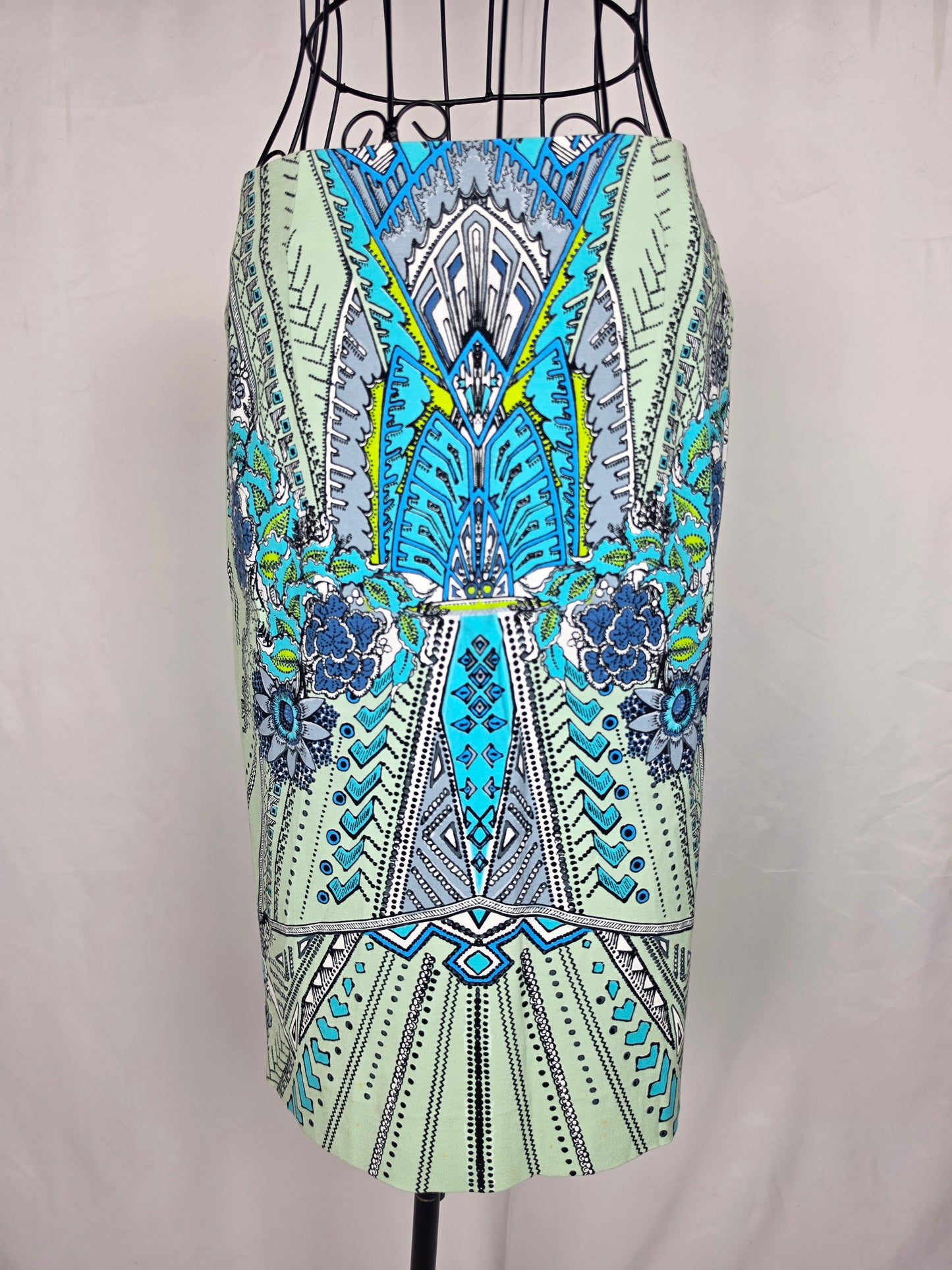 Roberto Cavalli Gonna a Tubino Motivo Geometrico e Floreale Celeste - Pally Vintage Closet