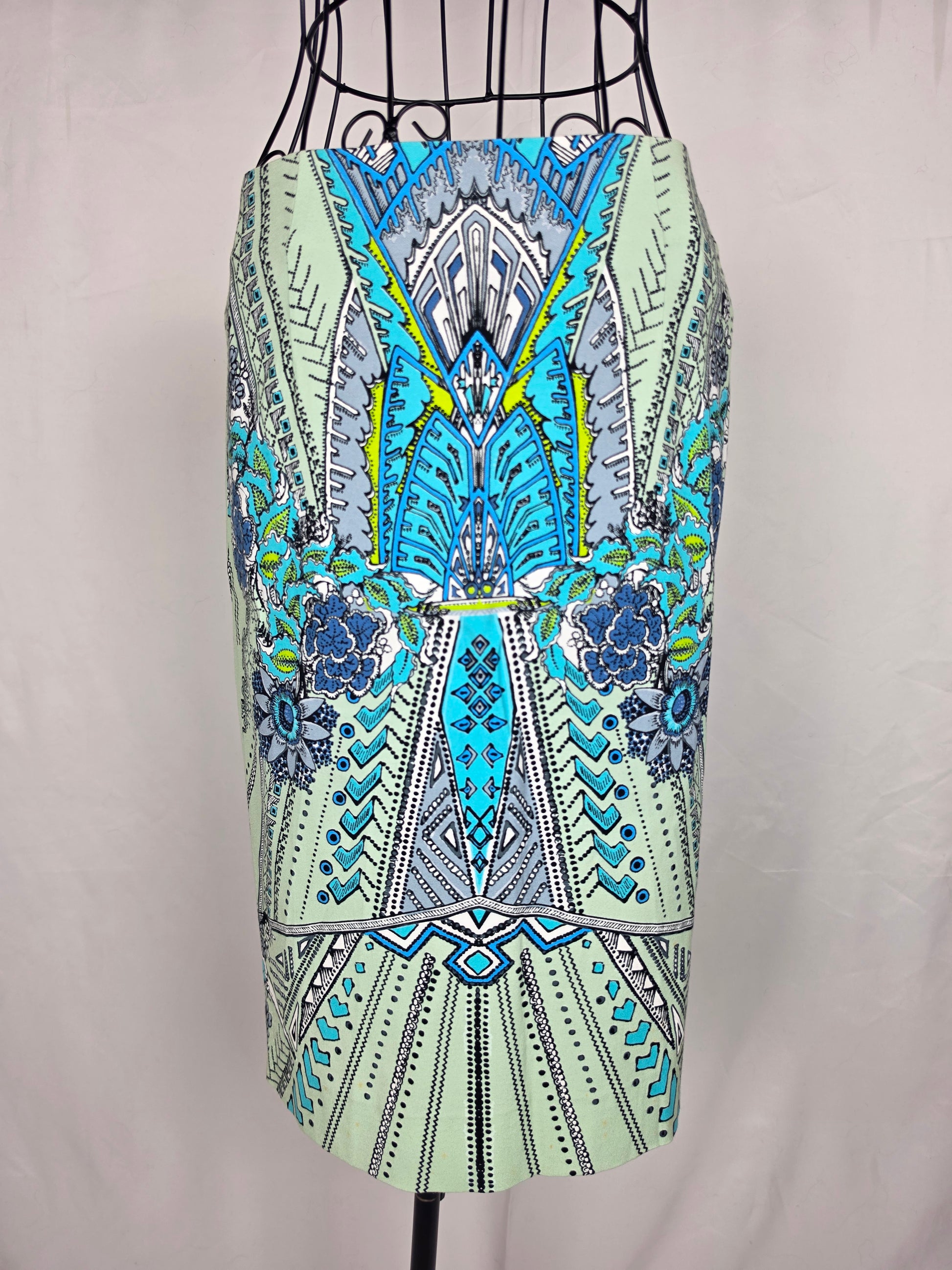 Roberto Cavalli Gonna a Tubino Motivo Geometrico e Floreale Celeste - Pally Vintage Closet