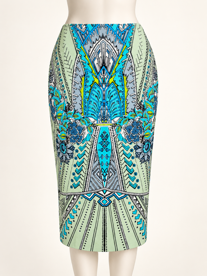 Roberto Cavalli Gonna a Tubino Motivo Geometrico e Floreale Celeste - Pally Vintage Closet