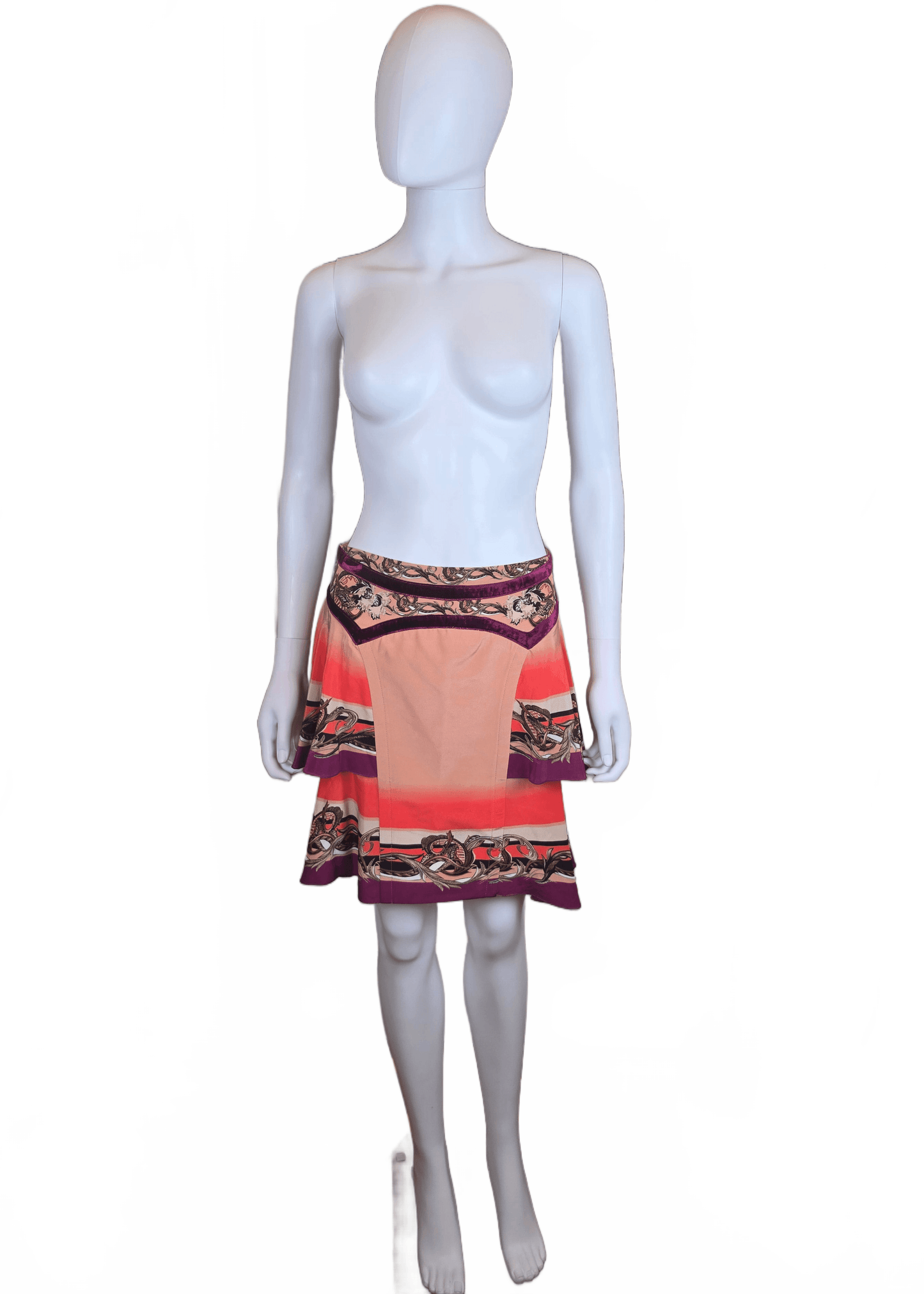 Roberto Cavalli Minigonna Vintage con Stampa Barocca e Dettagli in Velluto Rosa - Pally Vintage Closet
