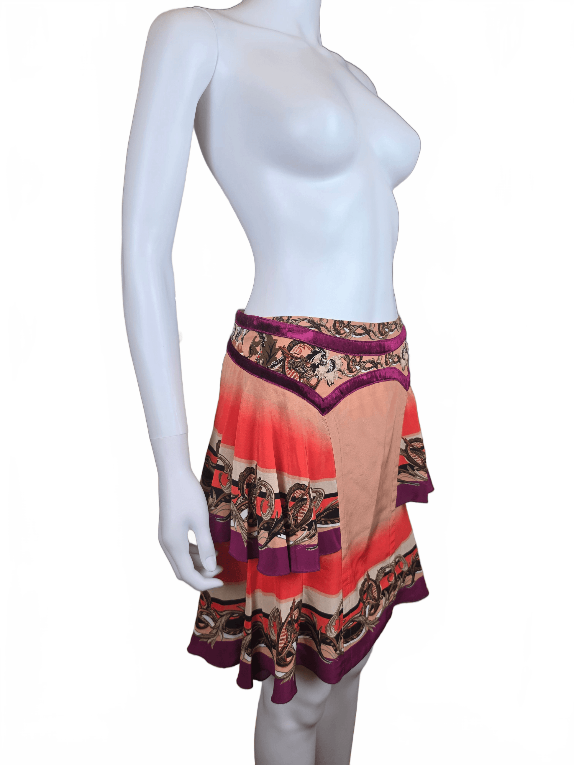 Roberto Cavalli Minigonna Vintage con Stampa Barocca e Dettagli in Velluto Rosa - Pally Vintage Closet