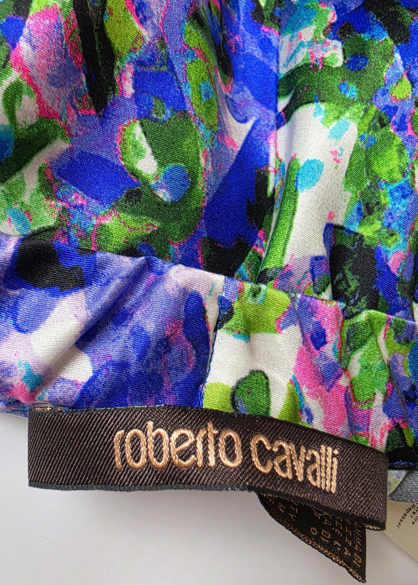 Roberto Cavalli Silk Palazzo Trousers with Floral Print and Blue Tassel