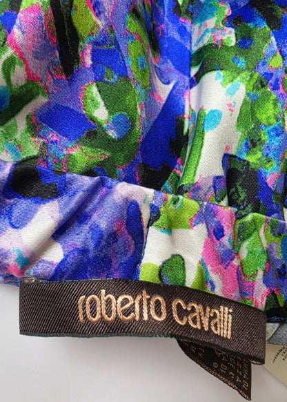 Roberto Cavalli Silk Palazzo Trousers with Floral Print and Blue Tassel