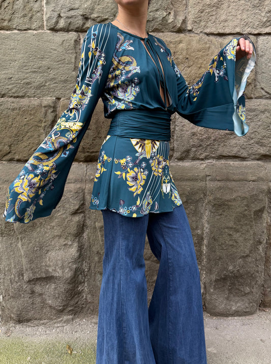 Roberto Cavalli Top con Stampa Snake & Floral Verde - Pally Vintage Closet