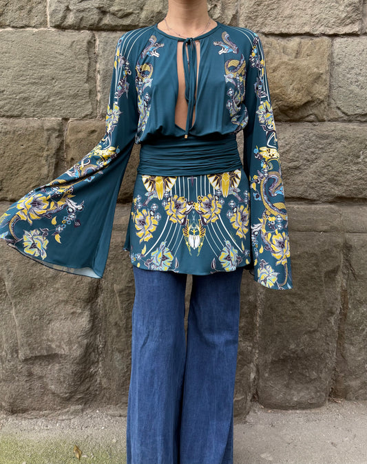 Roberto Cavalli Top con Stampa Snake & Floral Verde - Pally Vintage Closet