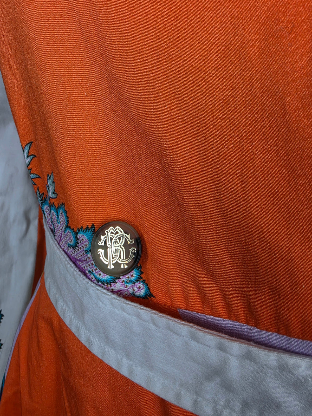Roberto Cavalli Trench Vintage Doppiopetto in Cotone con Stampa Paisley e Floreale Arancio - Pally Vintage Closet