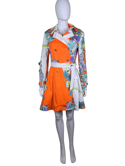 Roberto Cavalli Trench Vintage Doppiopetto in Cotone con Stampa Paisley e Floreale Arancio - Pally Vintage Closet