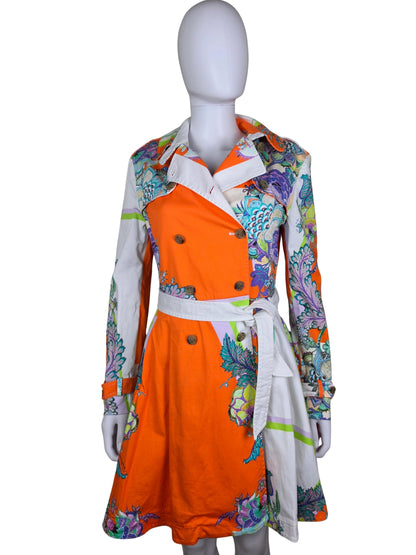 Roberto Cavalli Trench Vintage Doppiopetto in Cotone con Stampa Paisley e Floreale Arancio - Pally Vintage Closet
