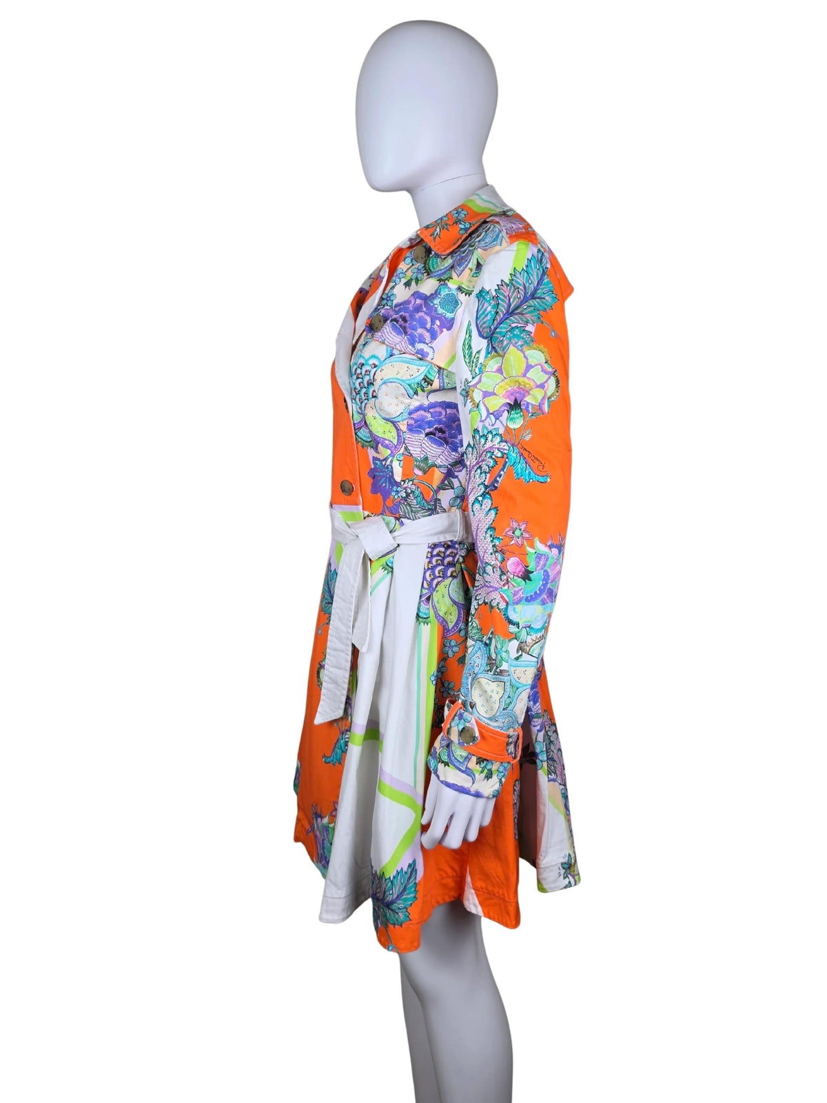 Roberto Cavalli Trench Vintage Doppiopetto in Cotone con Stampa Paisley e Floreale Arancio - Pally Vintage Closet