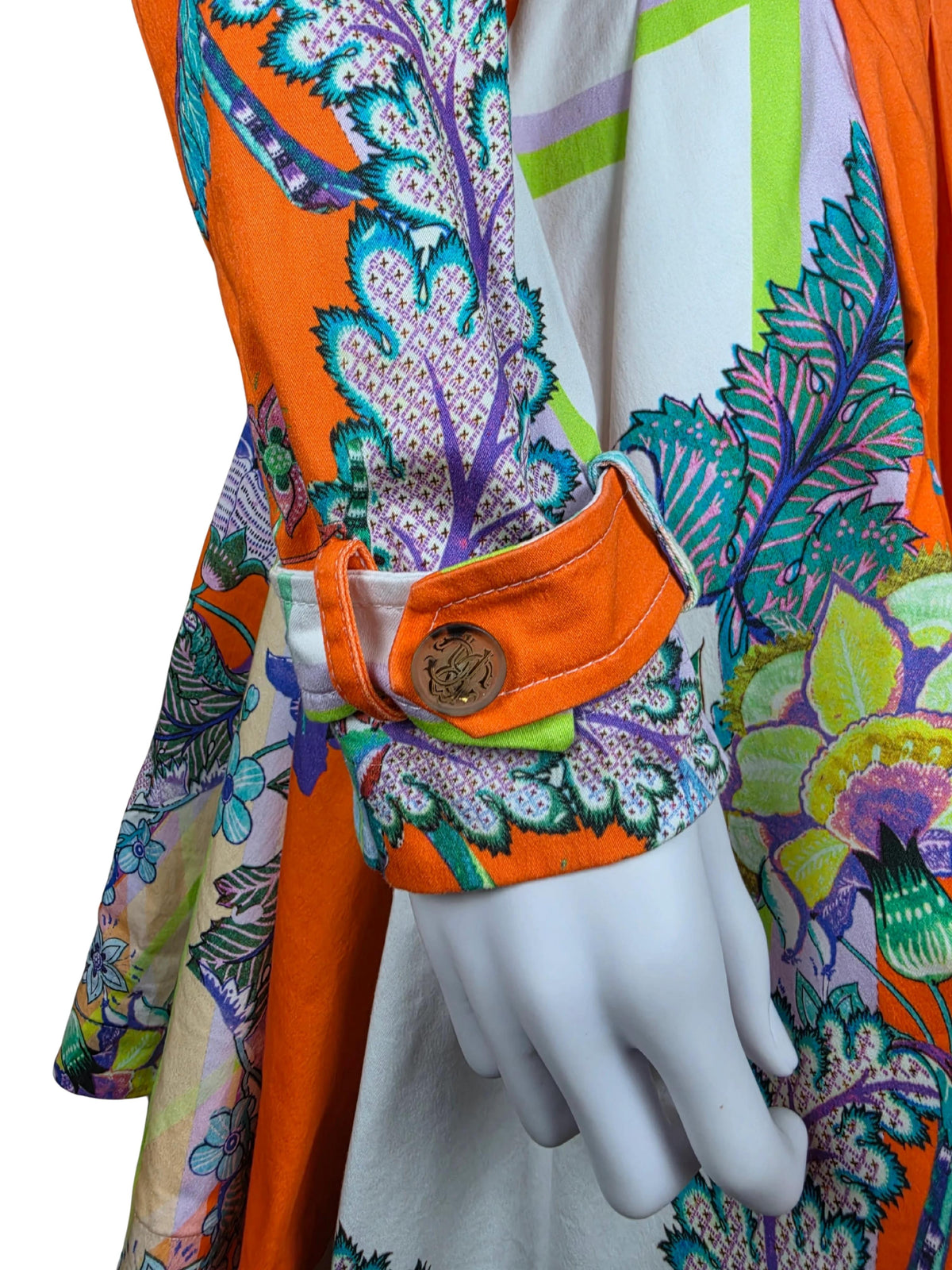 Roberto Cavalli Trench Vintage Doppiopetto in Cotone con Stampa Paisley e Floreale Arancio - Pally Vintage Closet