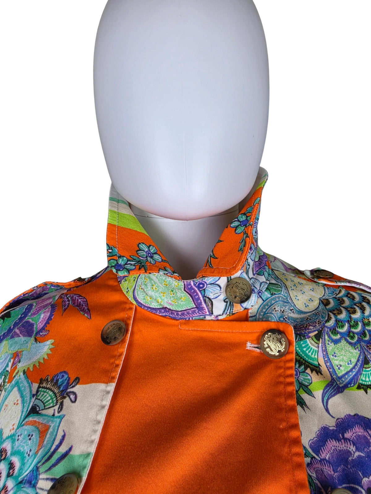 Roberto Cavalli Trench Vintage Doppiopetto in Cotone con Stampa Paisley e Floreale Arancio - Pally Vintage Closet