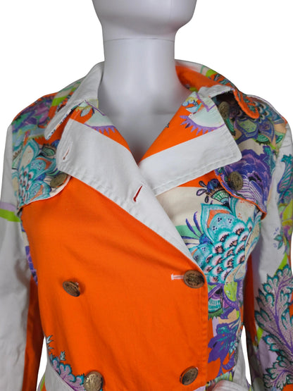 Roberto Cavalli Trench Vintage Doppiopetto in Cotone con Stampa Paisley e Floreale Arancio - Pally Vintage Closet