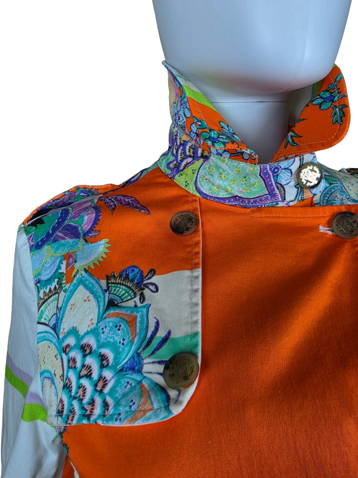 Roberto Cavalli Trench Vintage Doppiopetto in Cotone con Stampa Paisley e Floreale Arancio - Pally Vintage Closet