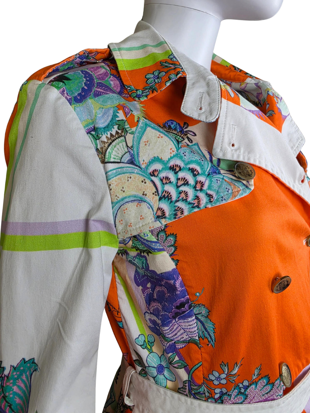 Roberto Cavalli Trench Vintage Doppiopetto in Cotone con Stampa Paisley e Floreale Arancio - Pally Vintage Closet