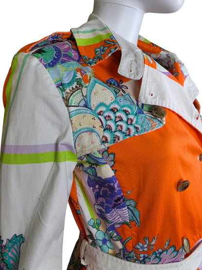 Roberto Cavalli Trench Vintage Doppiopetto in Cotone con Stampa Paisley e Floreale Arancio - Pally Vintage Closet