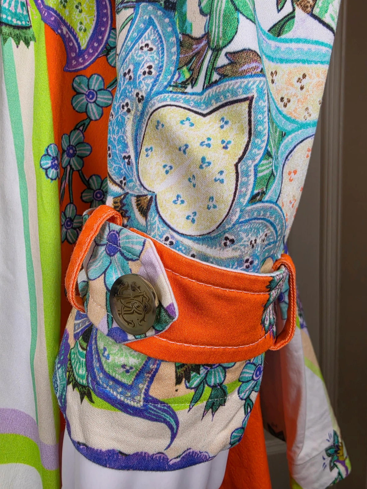 Roberto Cavalli Trench Vintage Doppiopetto in Cotone con Stampa Paisley e Floreale Arancio - Pally Vintage Closet