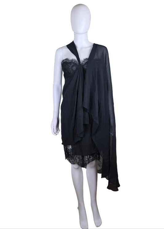 Rocco Barocco Abito Vintage Asimmetrico in Seta e Pizzo Nero - Pally Vintage Closet