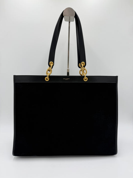 Saint Laurent Borsa Le Maillon Tote in Suede e Pelle Blu Navy - Pally Vintage Closet
