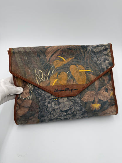 Salvatore Ferragamo Clutch Vintage in Cotone Stampa Jungle Marrone - Pally Vintage Closet