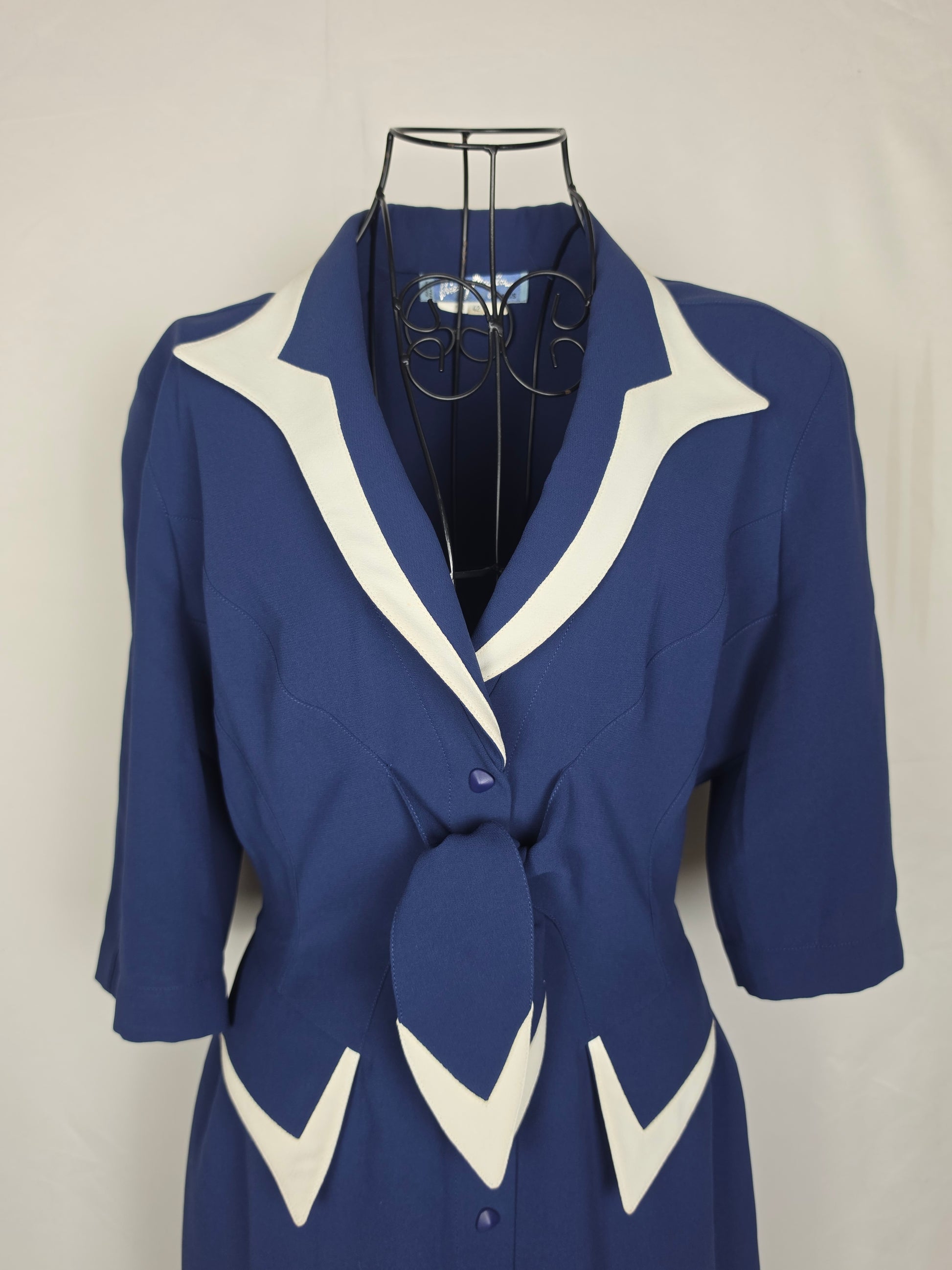 Thierry Mugler Abito Vintage Architectural Power Dressing Blu e Bianco - Pally Vintage Closet