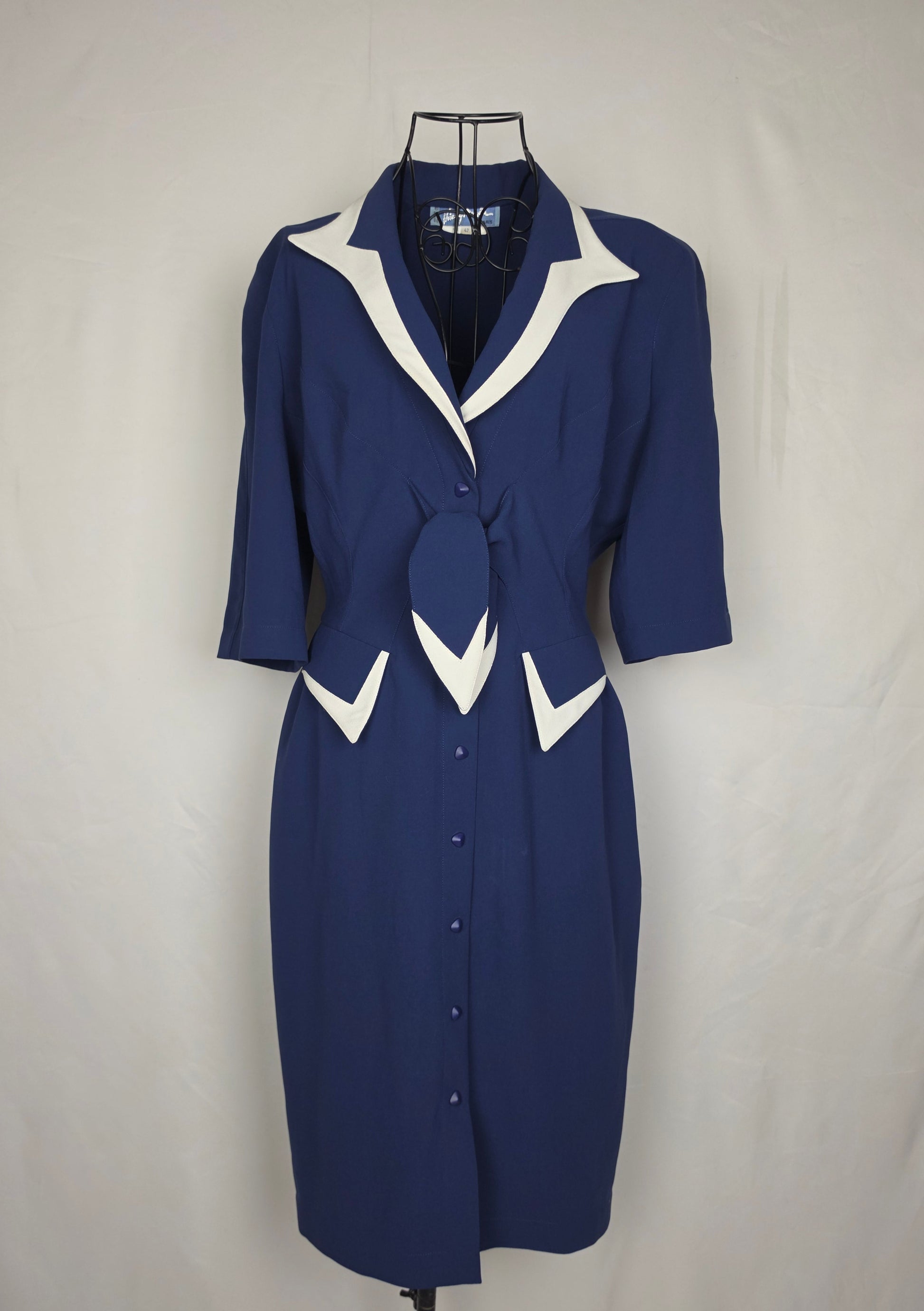 Thierry Mugler Abito Vintage Architectural Power Dressing Blu e Bianco - Pally Vintage Closet