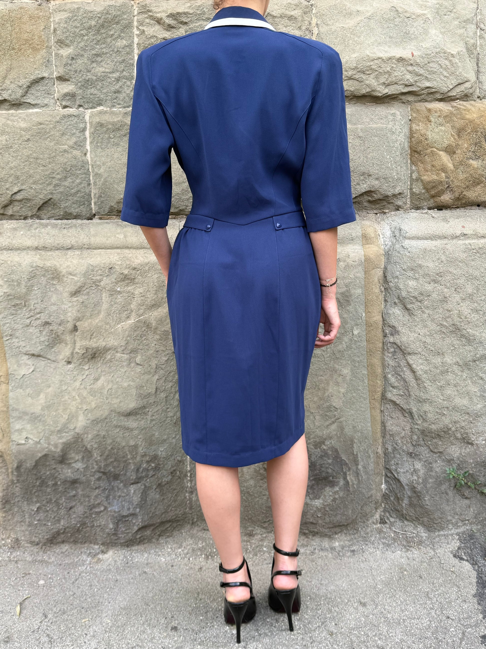 Thierry Mugler Abito Vintage Architectural Power Dressing Blu e Bianco - Pally Vintage Closet