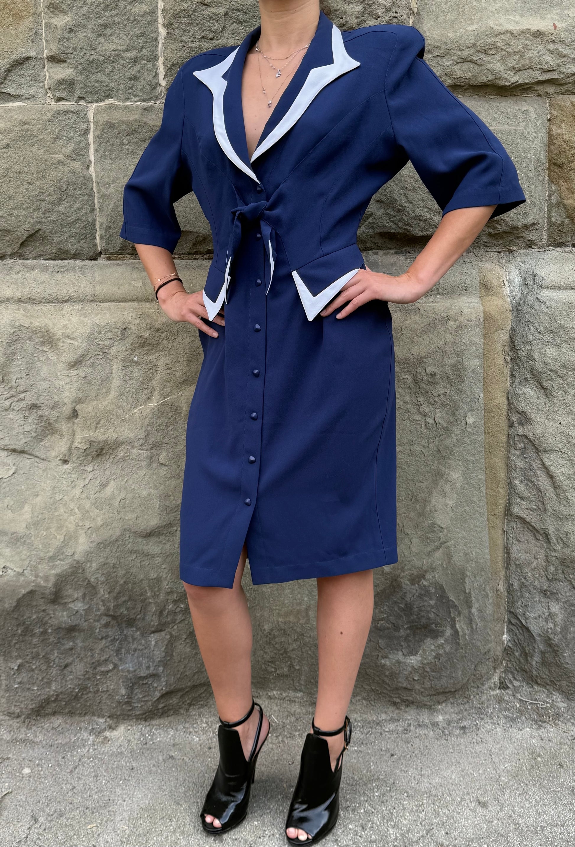 Thierry Mugler Abito Vintage Architectural Power Dressing Blu e Bianco - Pally Vintage Closet