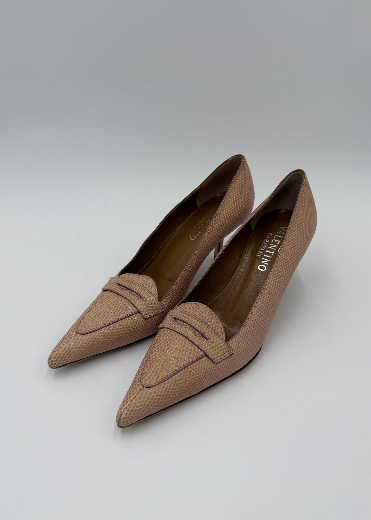 Valentino Garavani Nude Pink Lizard Vintage Moc Toe Pumps