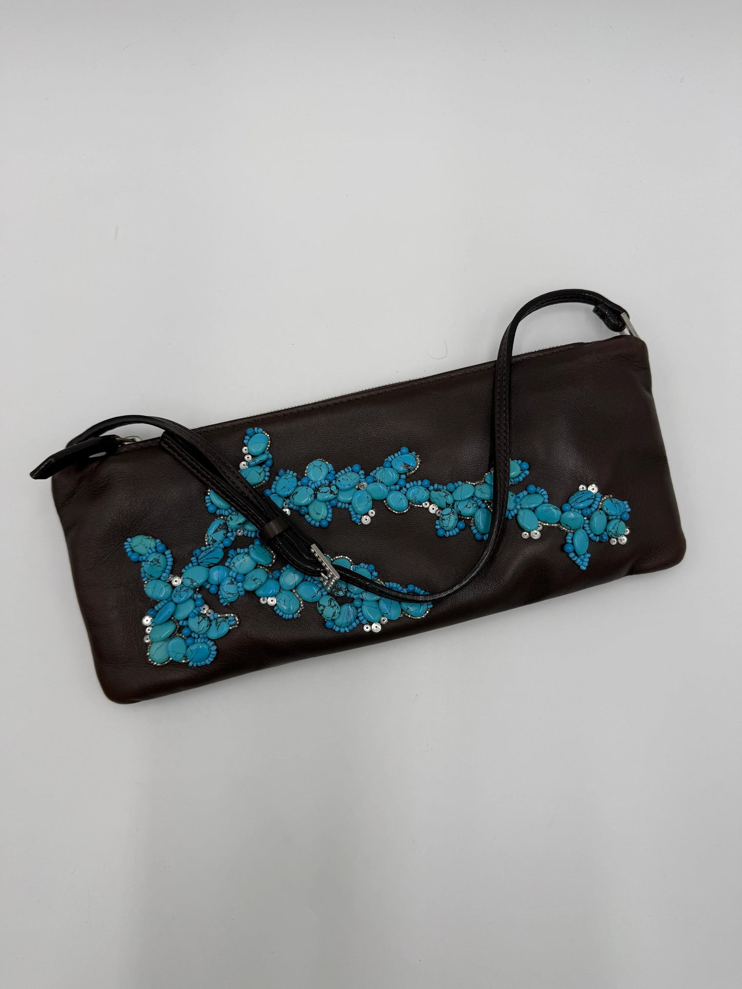 Valentino-Garavani-Pochette-Vintage-in-Pelle-Marrone-con-Ricamo-in-Turchese-70125805666628 - Pally Vintage Closet
