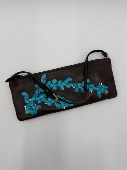 Valentino-Garavani-Pochette-Vintage-in-Pelle-Marrone-con-Ricamo-in-Turchese-70125805666628 - Pally Vintage Closet