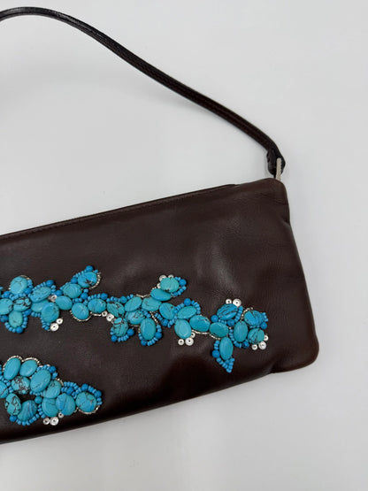 Valentino-Garavani-Pochette-Vintage-in-Pelle-Marrone-con-Ricamo-in-Turchese-70125805896004 - Pally Vintage Closet