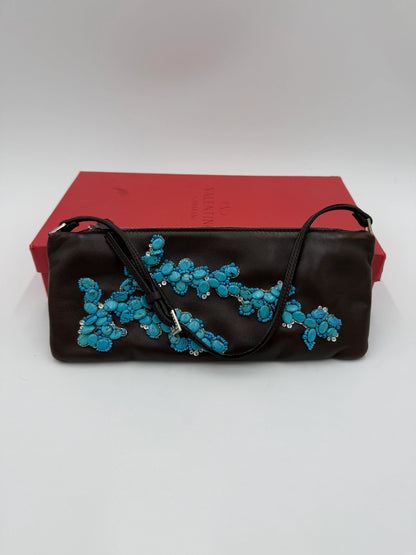 Valentino-Garavani-Pochette-Vintage-in-Pelle-Marrone-con-Ricamo-in-Turchese-70125805961540 - Pally Vintage Closet