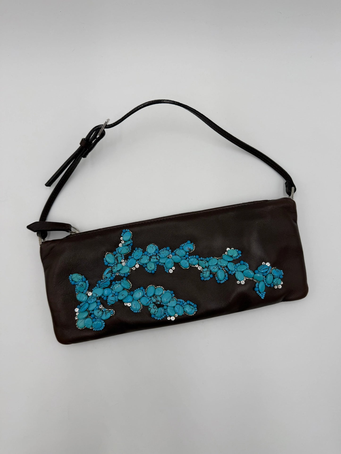 Valentino-Garavani-Pochette-Vintage-in-Pelle-Marrone-con-Ricamo-in-Turchese-70125805994308 - Pally Vintage Closet