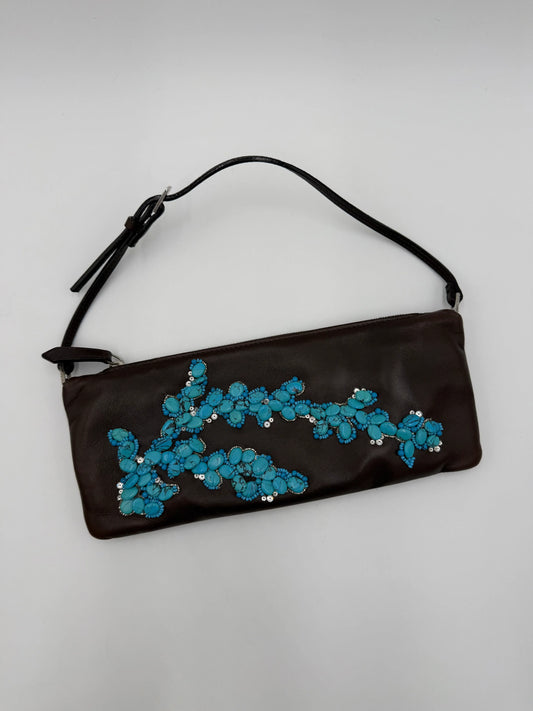 Valentino-Garavani-Pochette-Vintage-in-Pelle-Marrone-con-Ricamo-in-Turchese-70125805994308 - Pally Vintage Closet