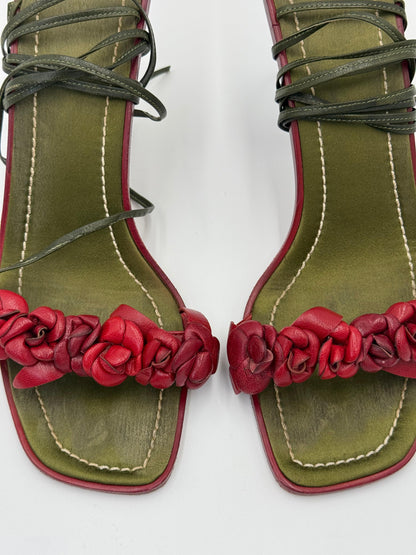 Valentino Garavani Jewel Vintage Sandals with Roses and Green Laces