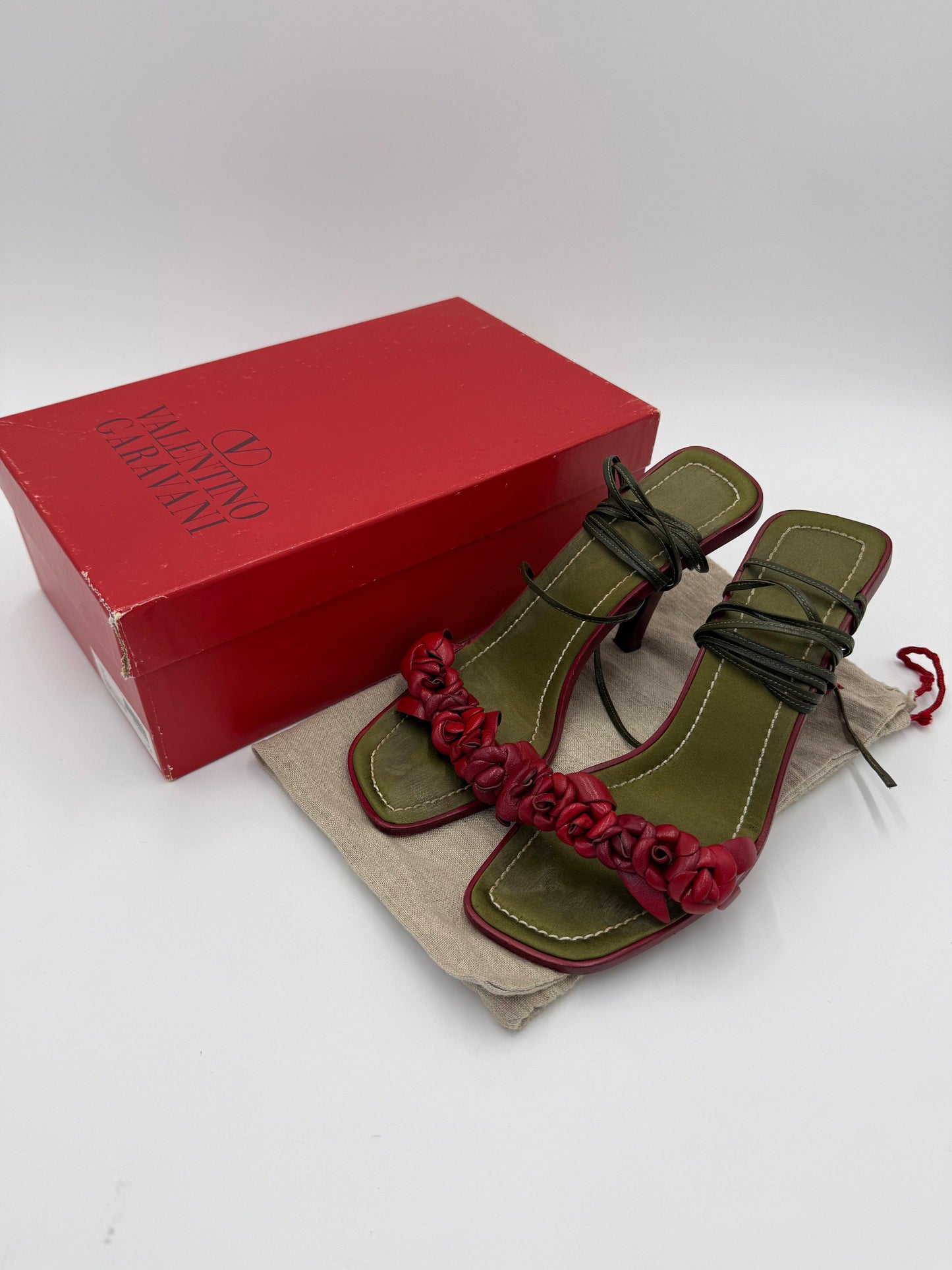 Valentino Garavani Jewel Vintage Sandals with Roses and Green Laces
