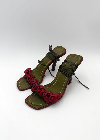 Valentino Garavani Jewel Vintage Sandals with Roses and Green Laces