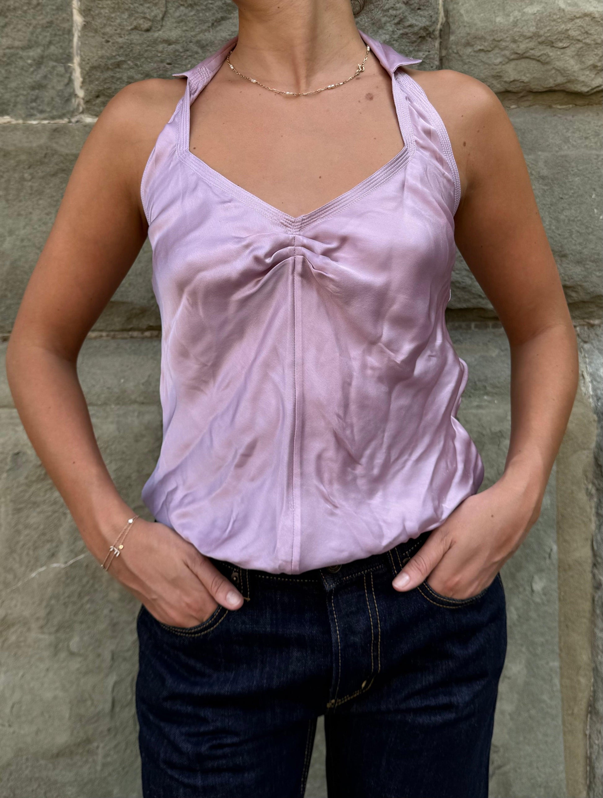 Yves Saint Laurent Rive Gauche Top Halter Vintage in Seta Rosa - Pally Vintage Closet